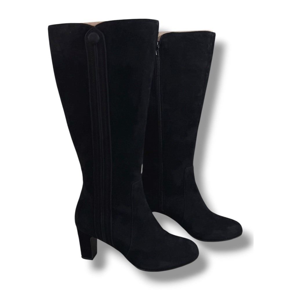 Clarks Tamryn Leaf Black Suede Knee High Block Heel Boots Women's 7.5 M Chic Mod